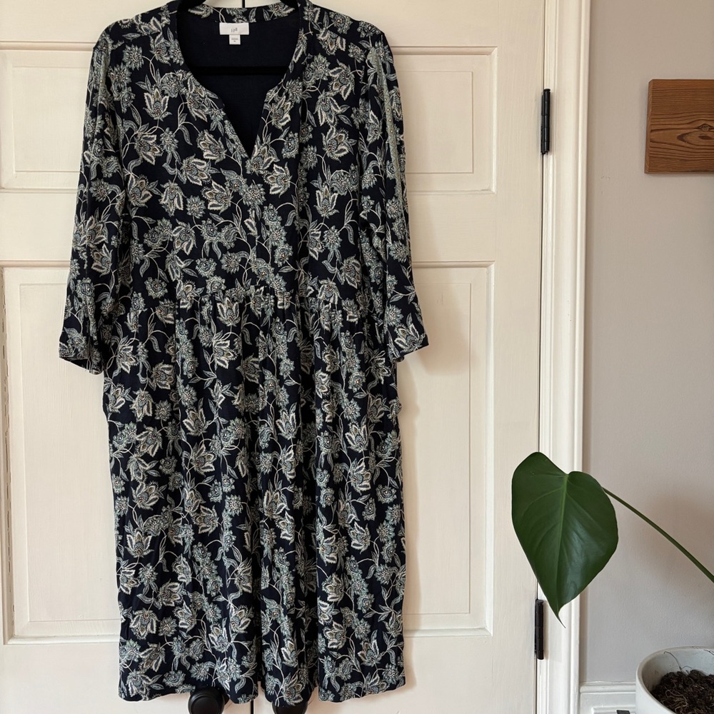J. Jill Navy Floral Split Neck Long Sleeve Dress Size‎ XL Boho Flowy Navy Green